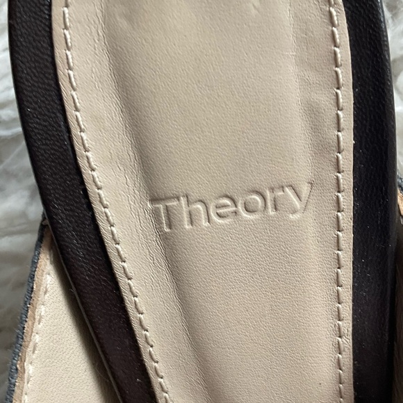Theory V Mule Grey Cotton Canvas Leather Square Peep Toe Heeled Pump EUC Size 39 - Picture 11 of 12